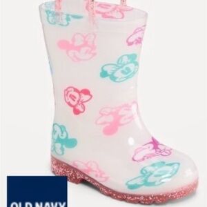 Old Navy White Rain Boots with Pink and Teal Minnie Print